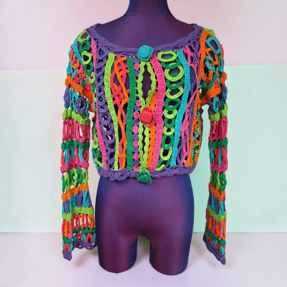 MZ Vintage Crochet Cardigan Multicolor Open Knit Cropped Sweater Boho Large